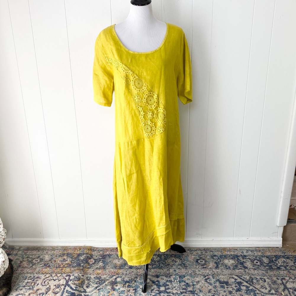 Lin Boheme Yellow Linen Crochet Lace Maxi Dress One Size Fits Most Made Italy